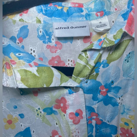 Alfred Dunner Womens White Floral Collared Cotton Loose Eyelet Size 16 - Picture 2 of 4